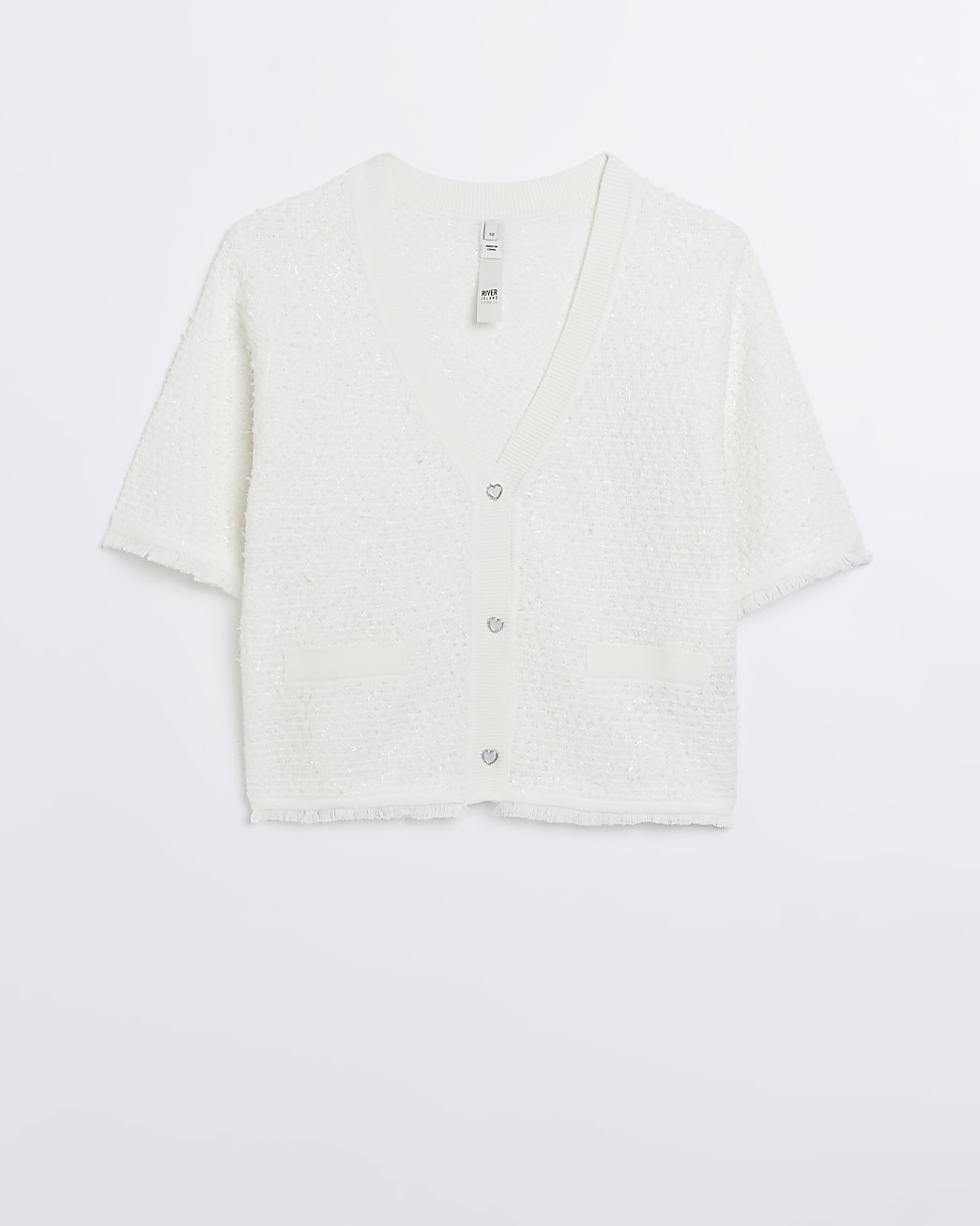 White boucle short sleeve cardigan