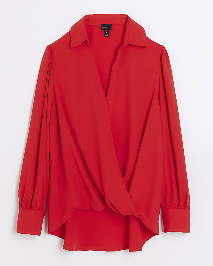 Red long sleeve wrap blouse