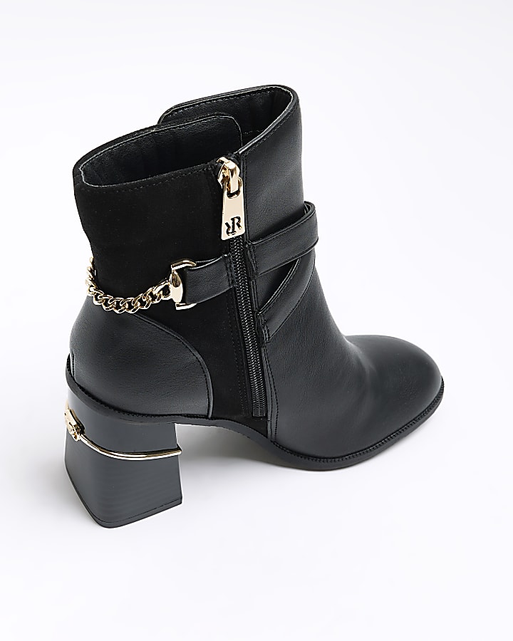 Black chain block heel ankle boots
