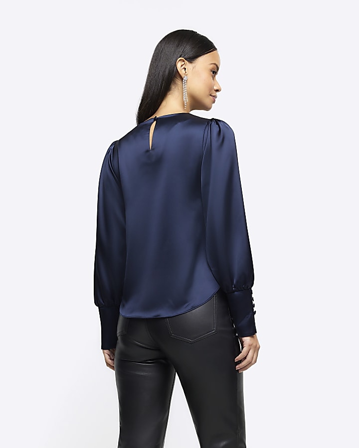 Navy satin long sleeve blouse