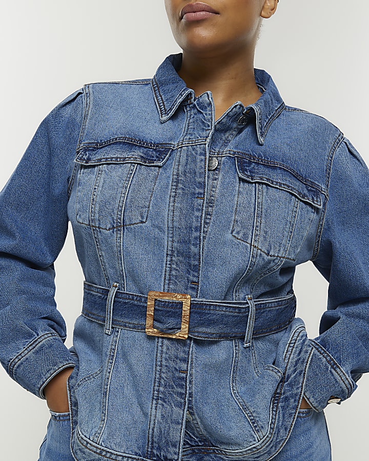 Plus blue belted denim jacket