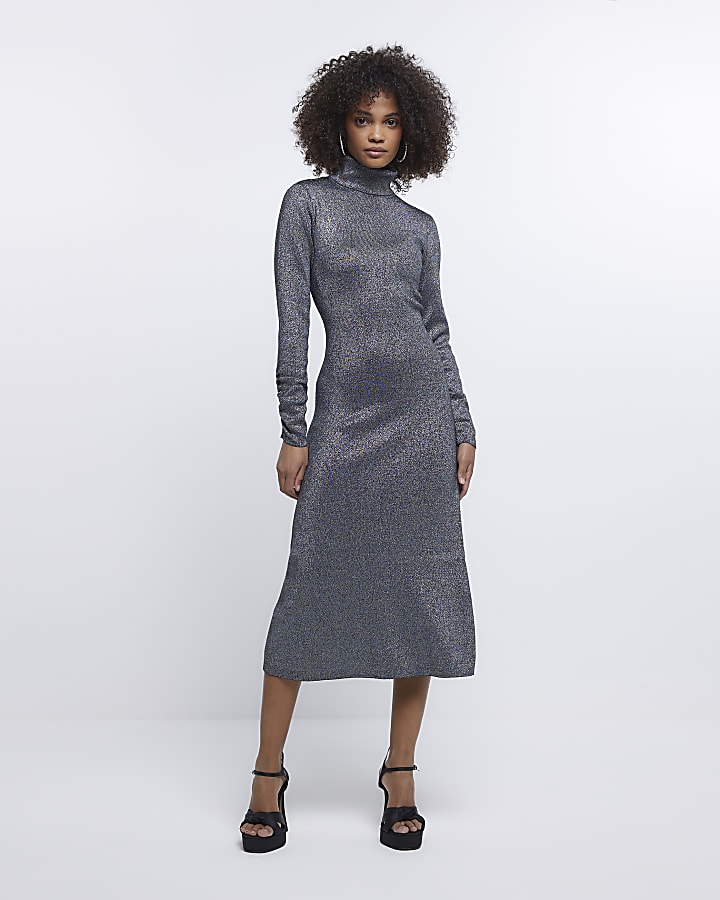 Black metallic knit long sleeve midi dress