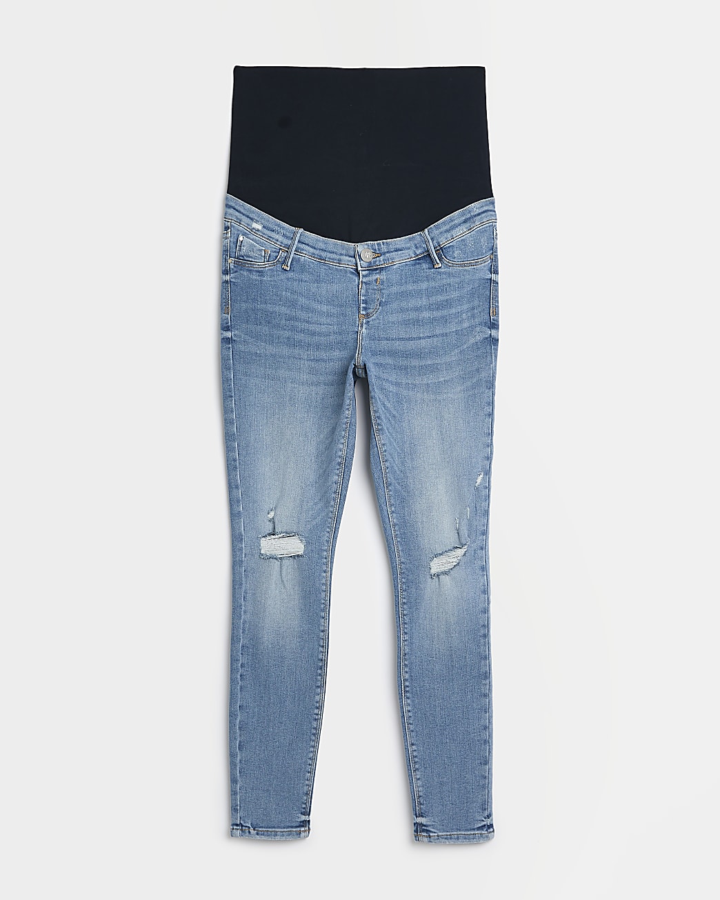 Blue mid rise maternity ripped skinny jeans