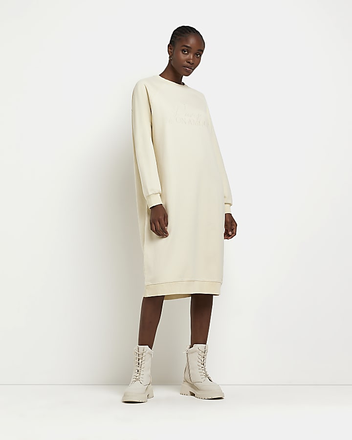 Cream embroidered sweatshirt midi dress