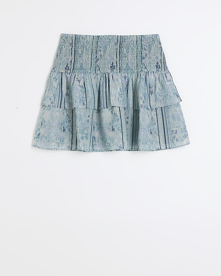 Blue abstract shirred mini skirt