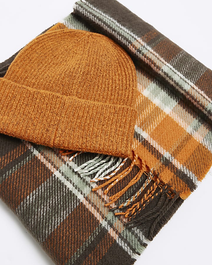 Orange beanie and check scarf gift set