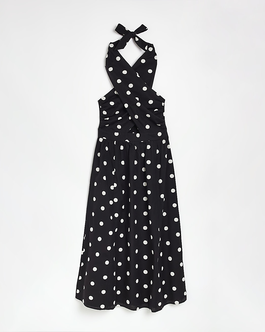 Black spot linen halter neck midi dress