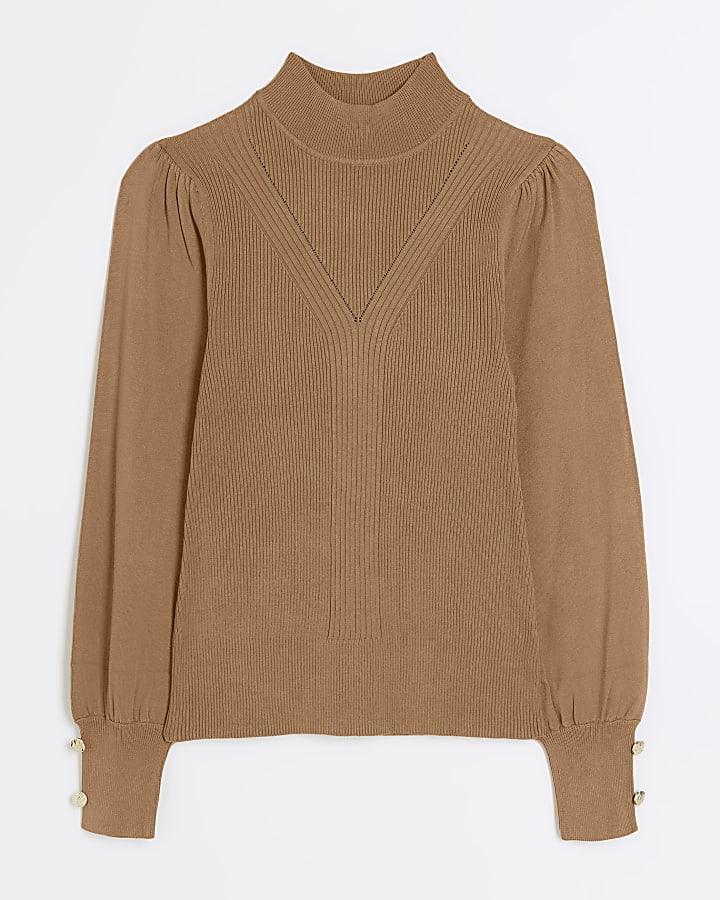 Brown Rib Mix Roll Neck Top