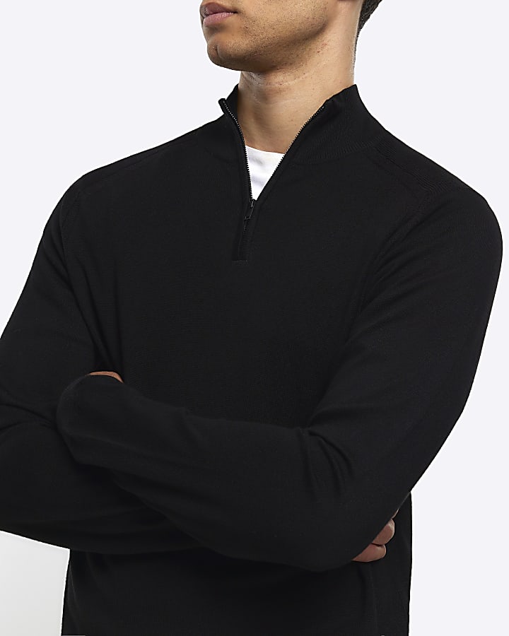 Black slim fit knitted quarter zip jumper