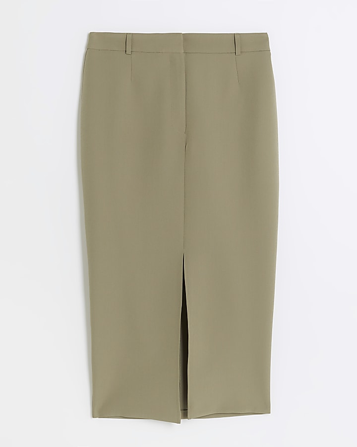 Khaki front split pencil midi skirt