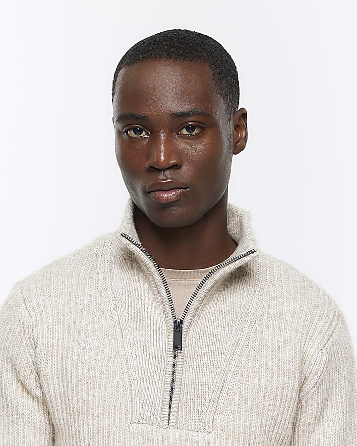 Beige slim fit soft rib funnel jumper