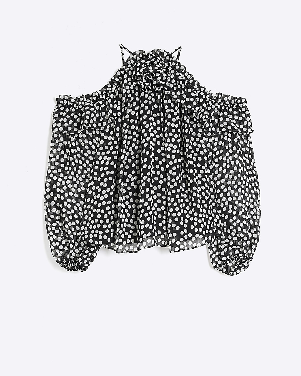 Black spot cold shoulder corsage blouse