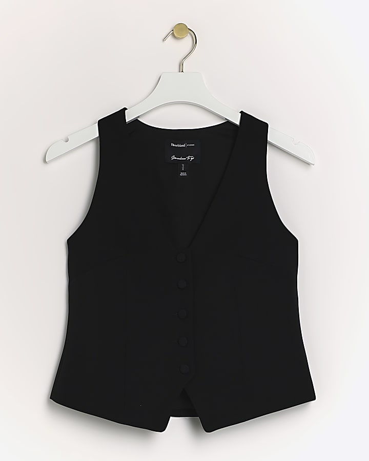 Petite black button front waistcoat