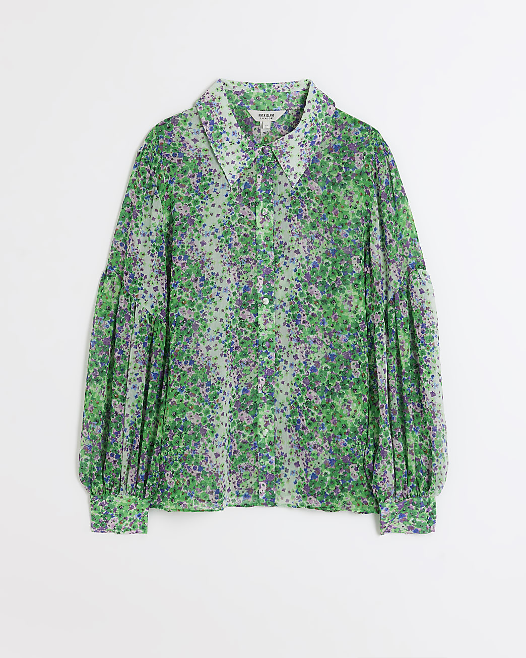 Green chiffon floral puff sleeve shirt
