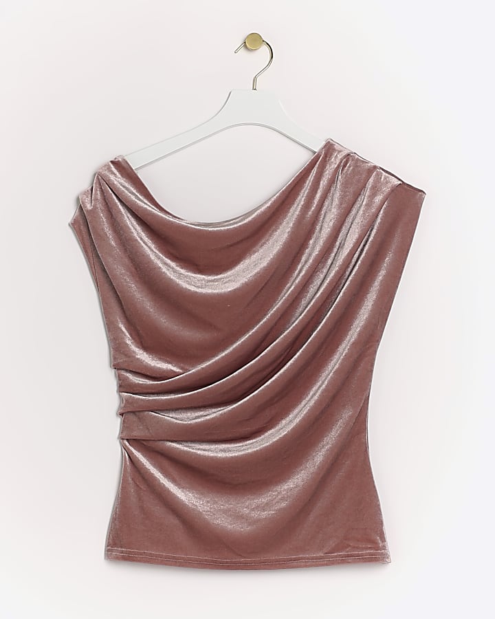 Pink velvet drape asymmetric top