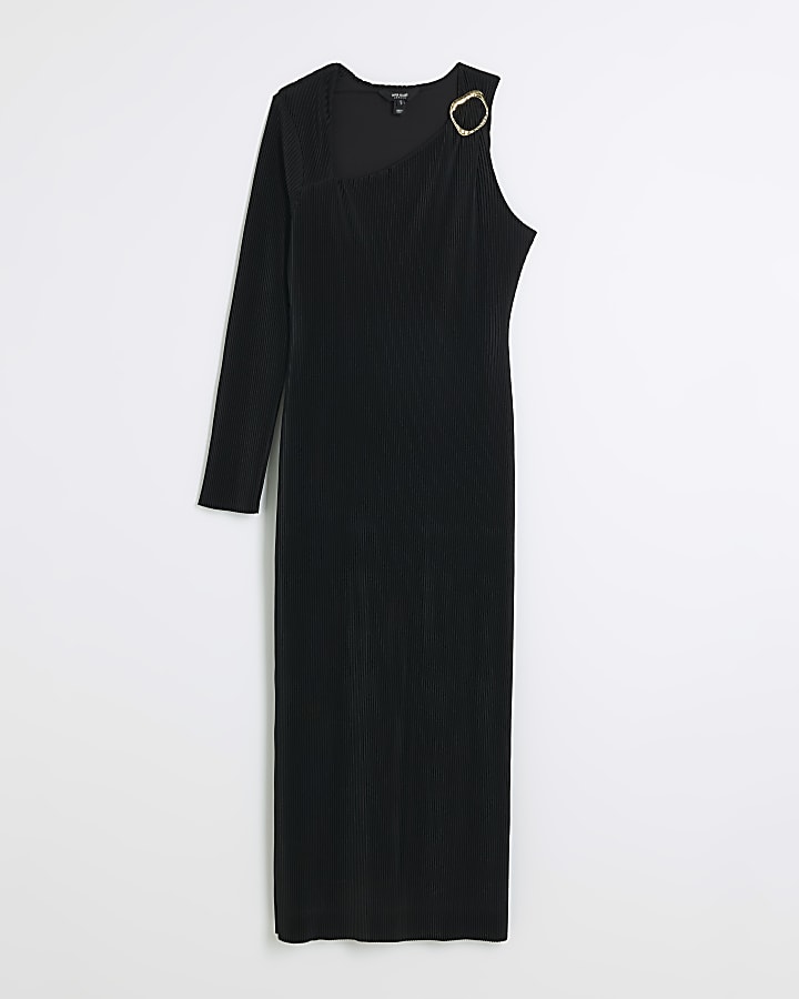 Black plisse long sleeve bodycon midi dress