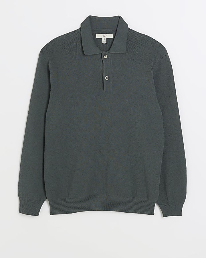 Green slim fit boucle long sleeve polo