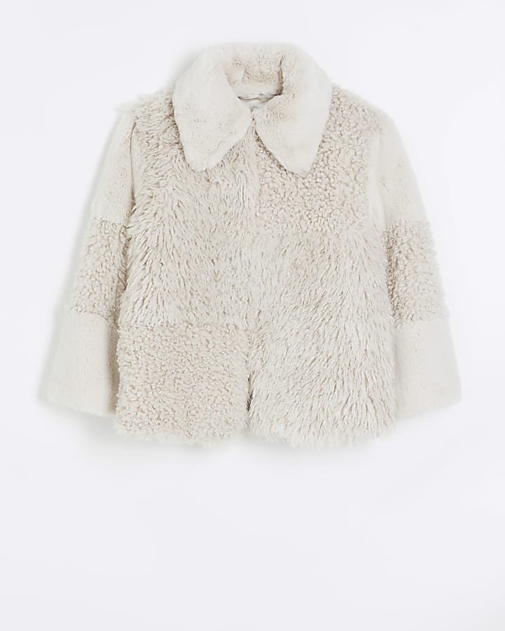 Cream patchwork faux fur coat