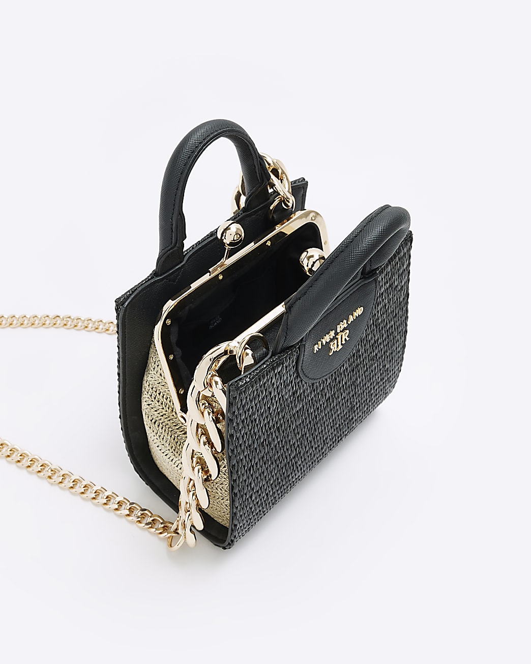 Black raffia chain strap tote bag