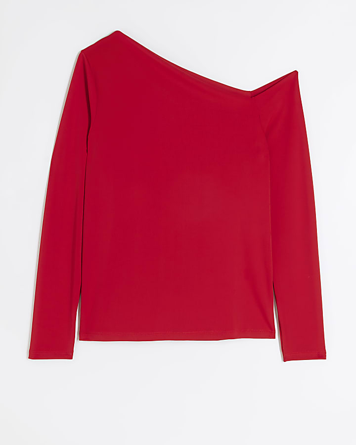 Plus red off shoulder long sleeve top