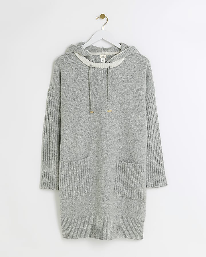 Grey knitted hooded mini jumper dress