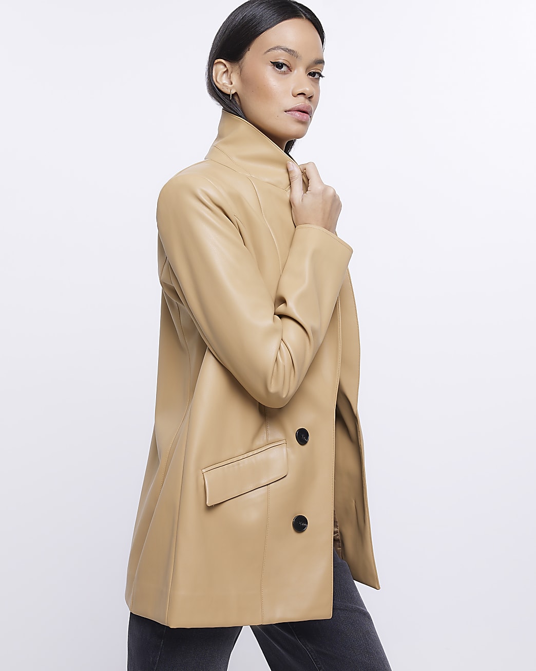Brown faux leather double breasted blazer