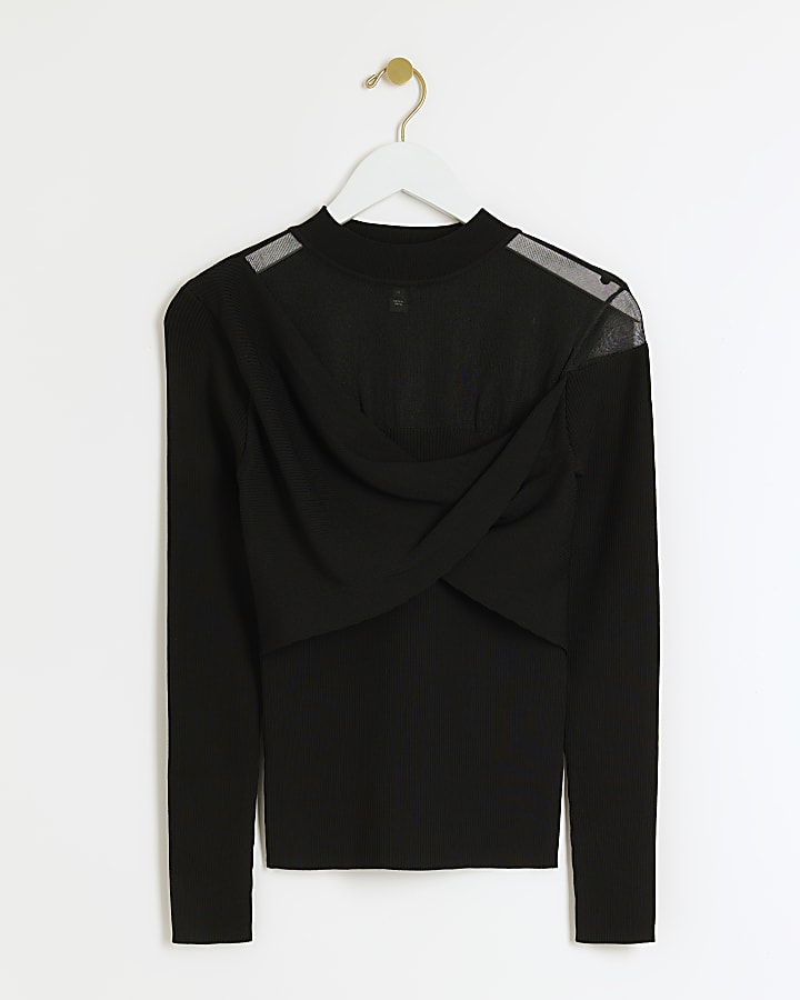 Black mesh detail long sleeve top