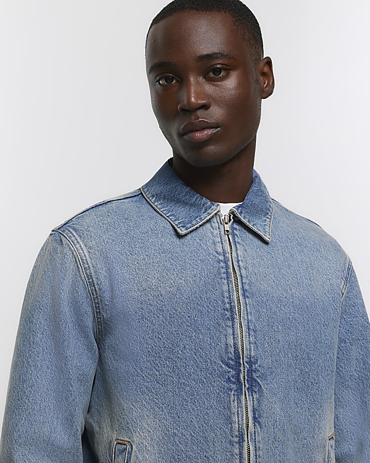 Blue regular fit denim bomber jacket
