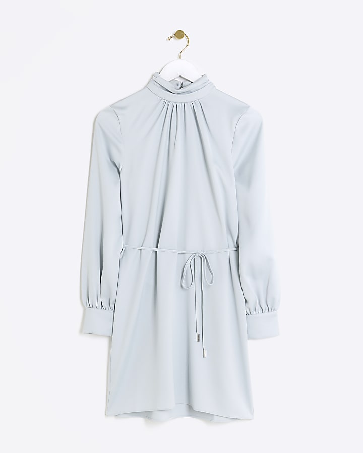 Silver satin tie waist shift mini dress