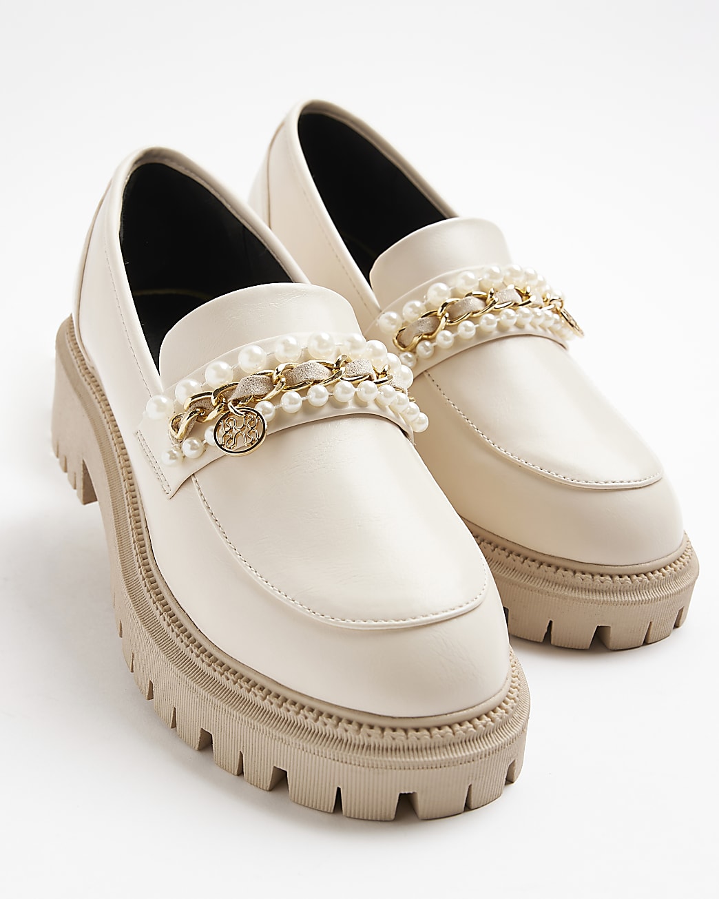 Beige embellished chunky loafers