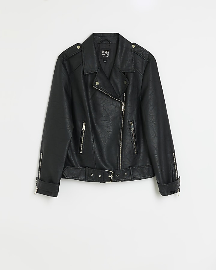 Black faux leather belted biker jacket