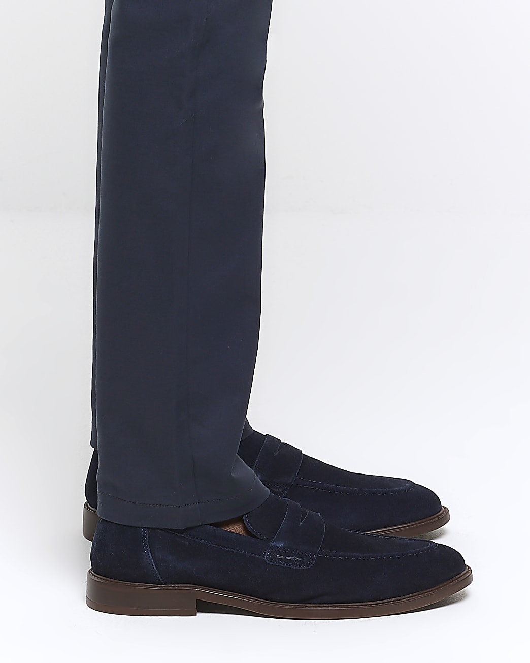 Navy suede penny loafers