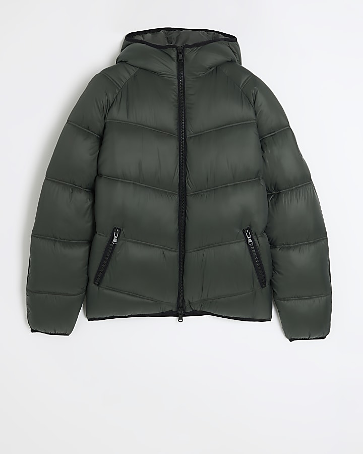 Dark green regular fit hooded puffer jacket