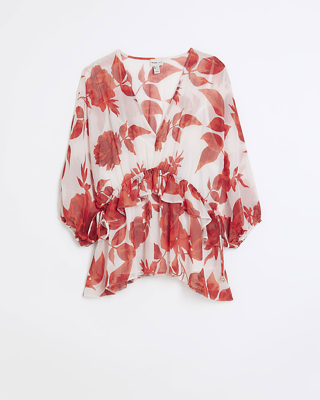 Red satin floral blouse