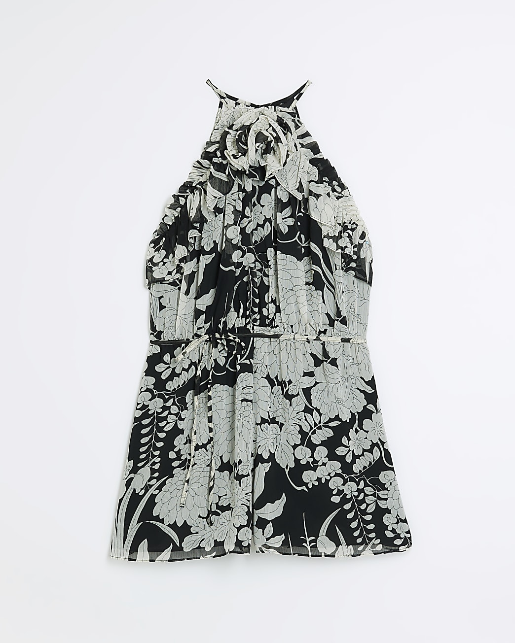 Black floral corsage halter neck playsuit