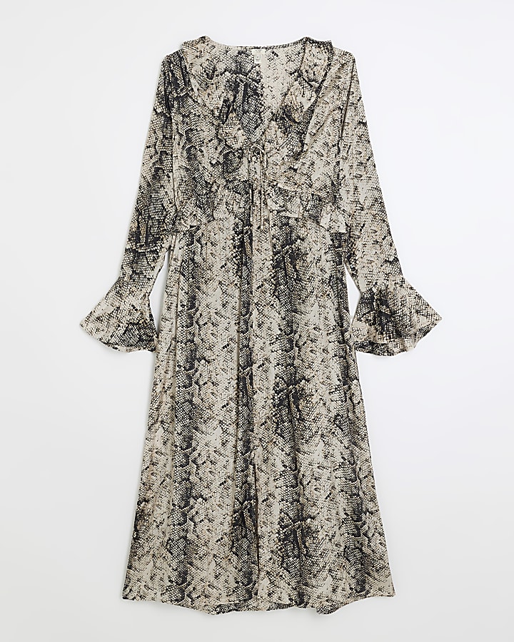 Grey animal print frill swing midi dress