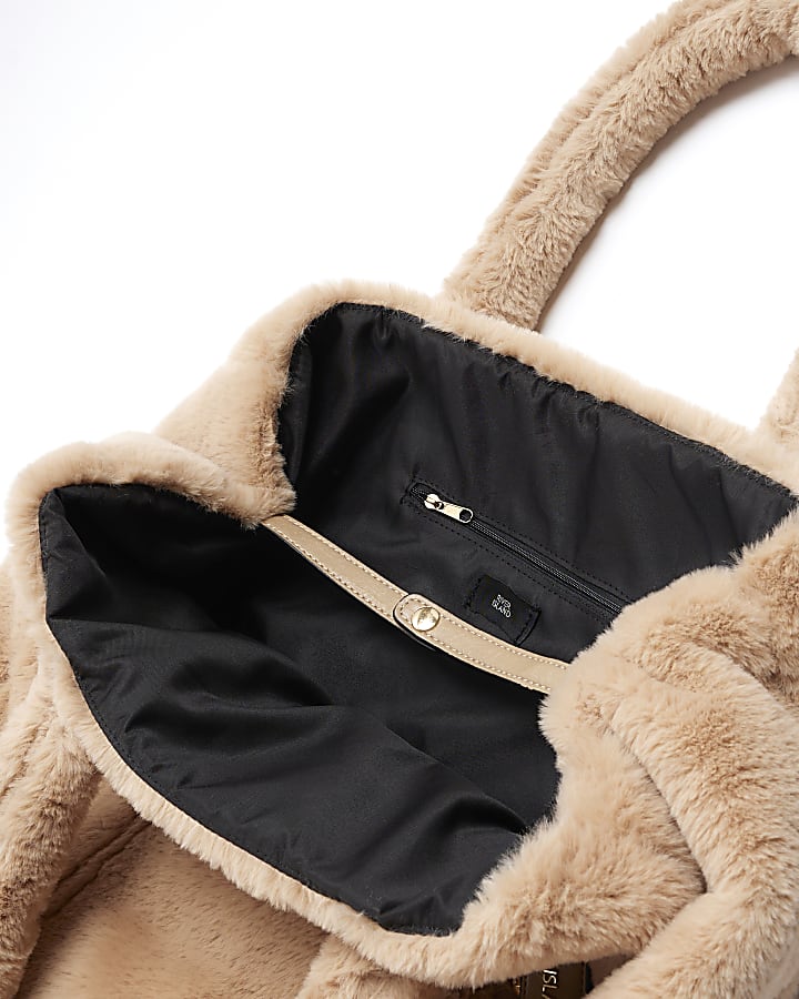 Beige faux fur shopper bag
