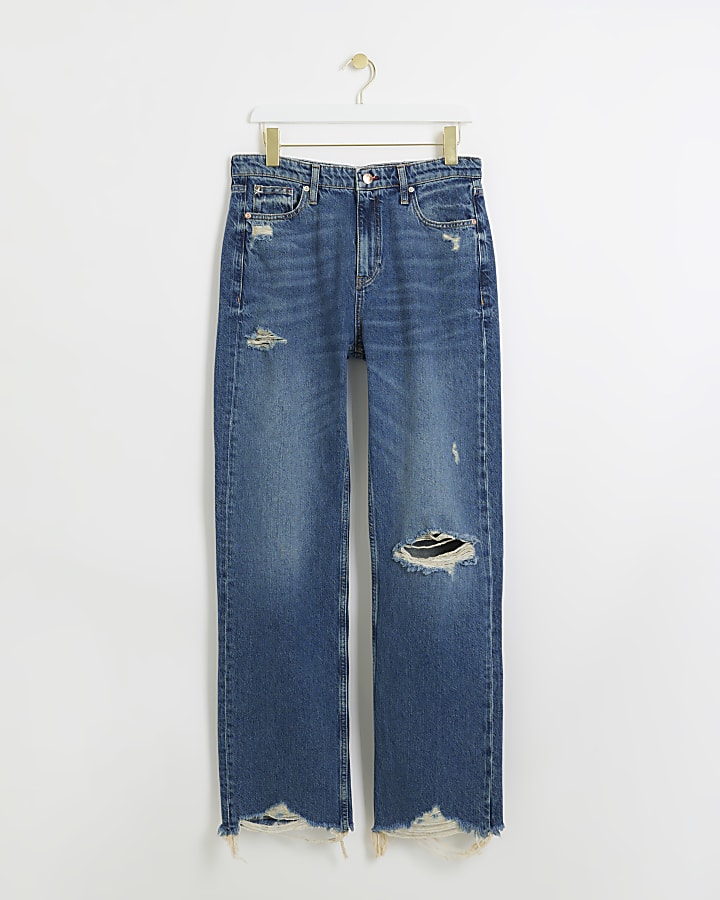 Blue stove pipe straight ripped jeans