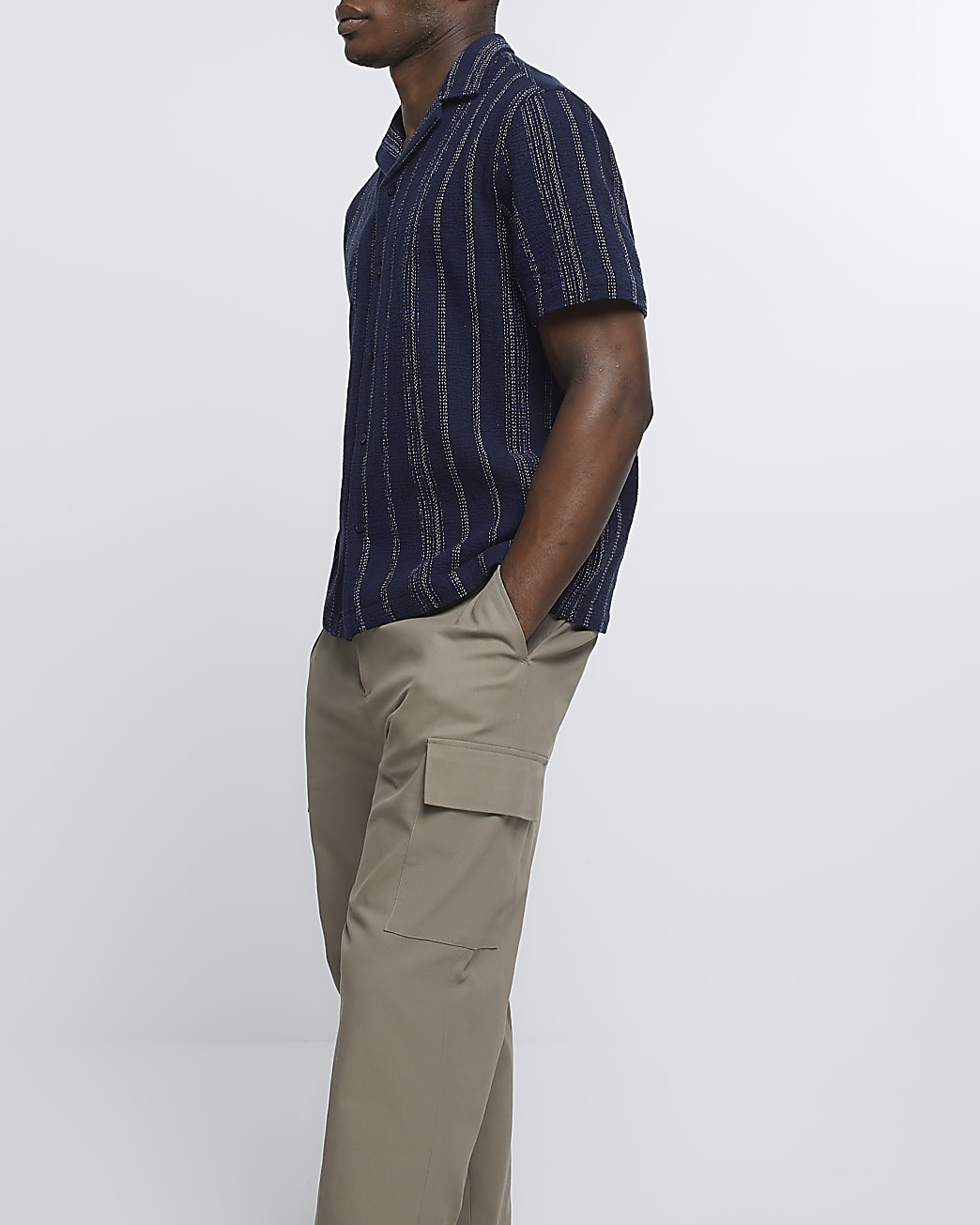 Navy regular fit striped revere shirt