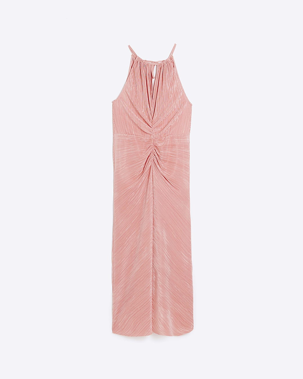 Coral plisse ruched slip midi dress