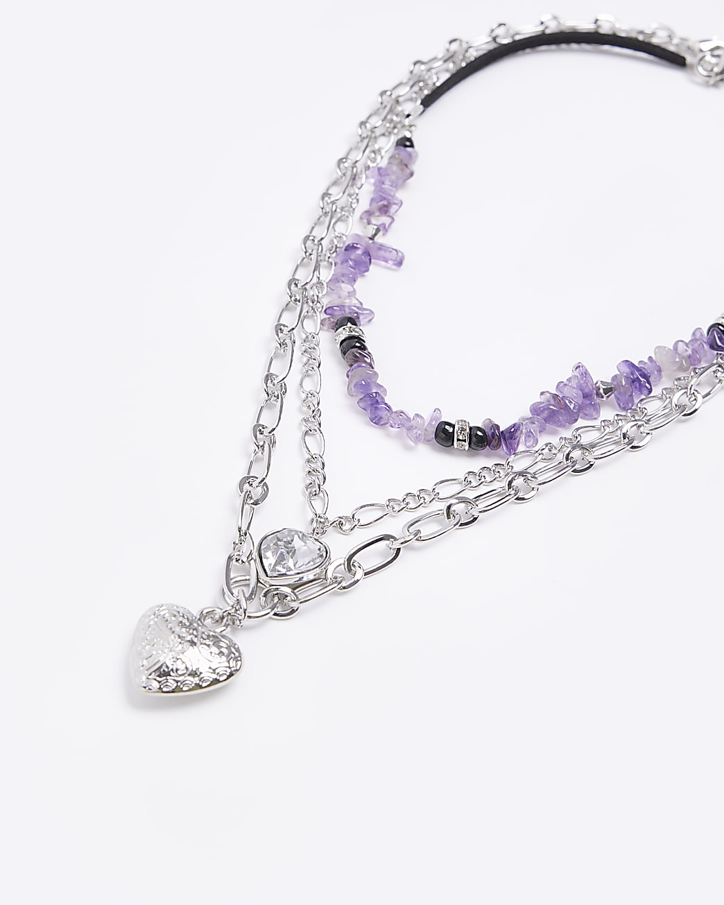 Silver heart multirow beaded necklace