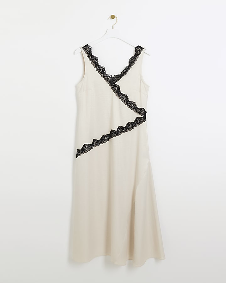 Cream lace trim slip midi dress
