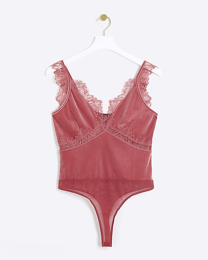Pink velvet lace trim bodysuit