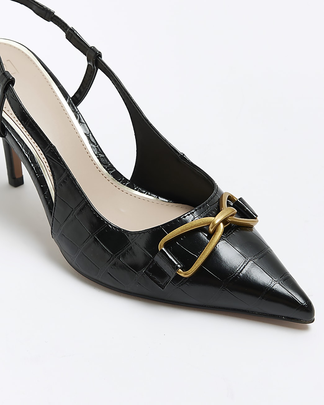 Black patent heeled court shoes