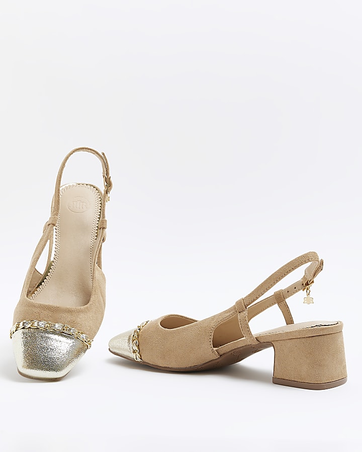 Beige block heeled court shoes