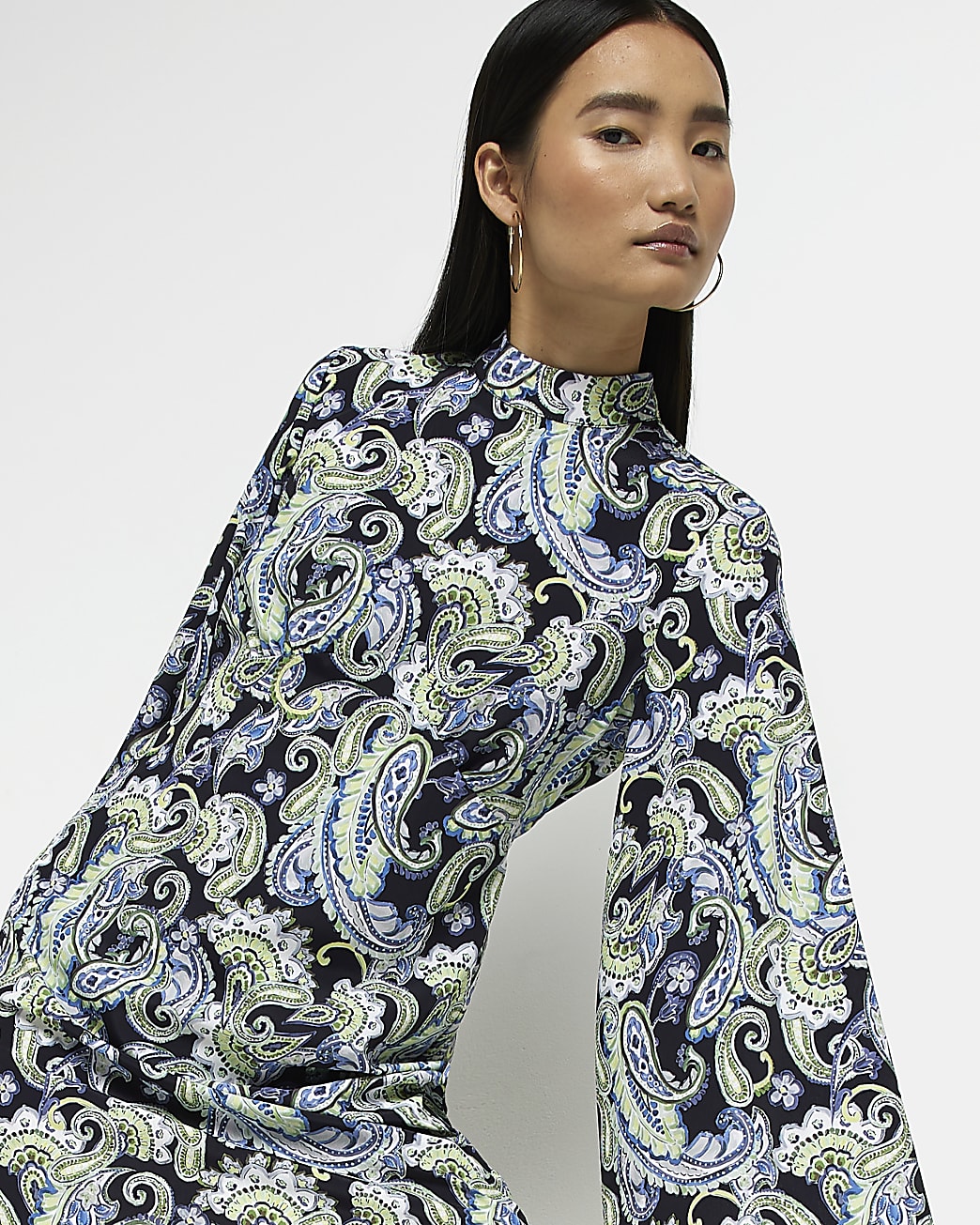 Black paisley flute sleeves mini dress