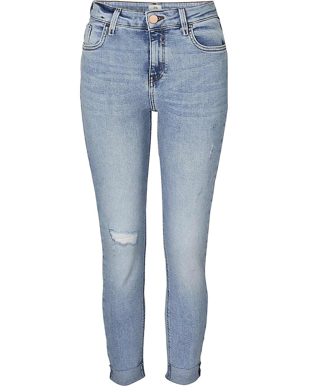Blue ripped mid rise skinny jeans