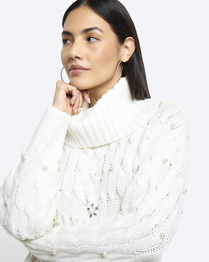 Cream cable knit pearl jumper mini dress