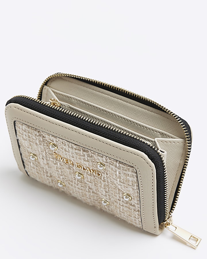 Cream boucle pearl detail purse