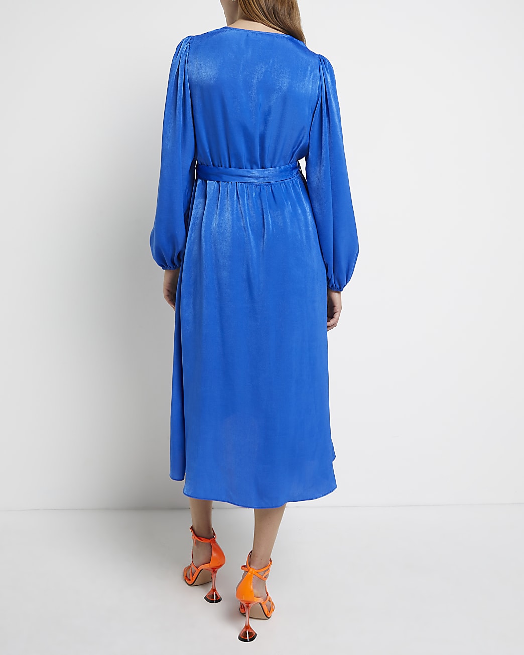 Blue satin maternity wrap midi dress